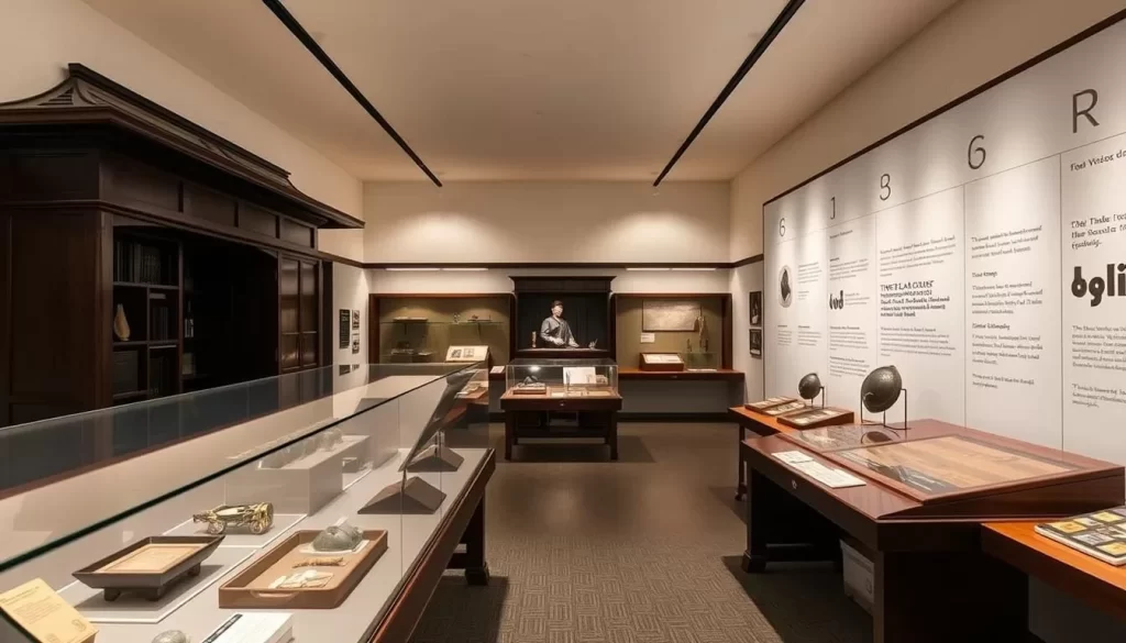 Generate an image of the Takeda Clan History Museum's interior, highlighting its exhibits and historical artifacts.