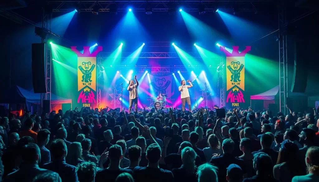 Generate an image of the Taksirat Festival in Skopje, North Macedonia, with a large crowd enjoying alternative rock music.