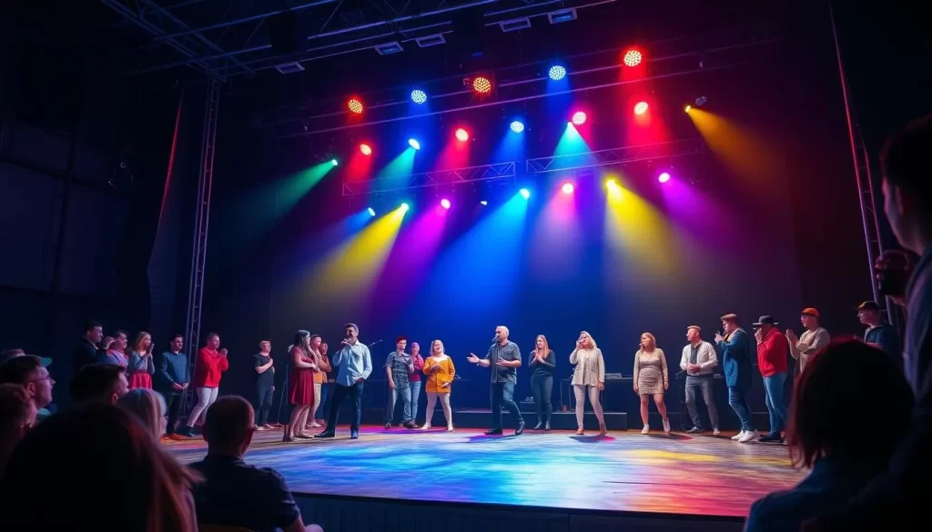 Generate an image of the Tampere Theatre Festival main stage with actors performing a play.