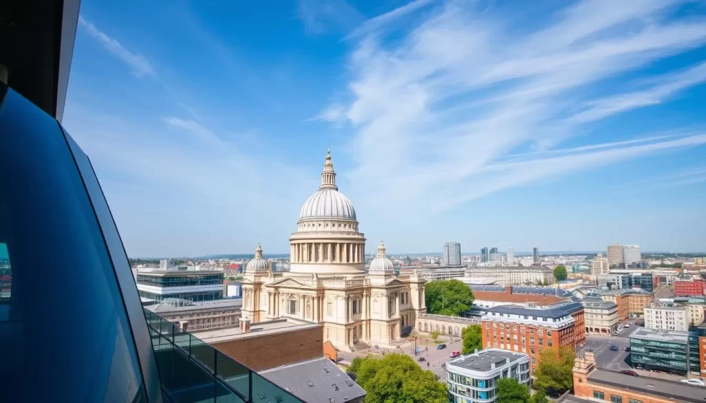 Generate an image of the Tate Modern viewing level with St. Paul's Cathedral in the background.