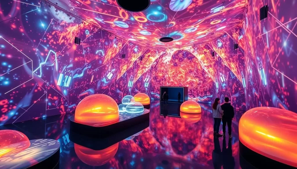 Generate an image of the TeamLab Borderless museum in Azabudai Hills, Tokyo, showcasing its futuristic and immersive digital art environment.