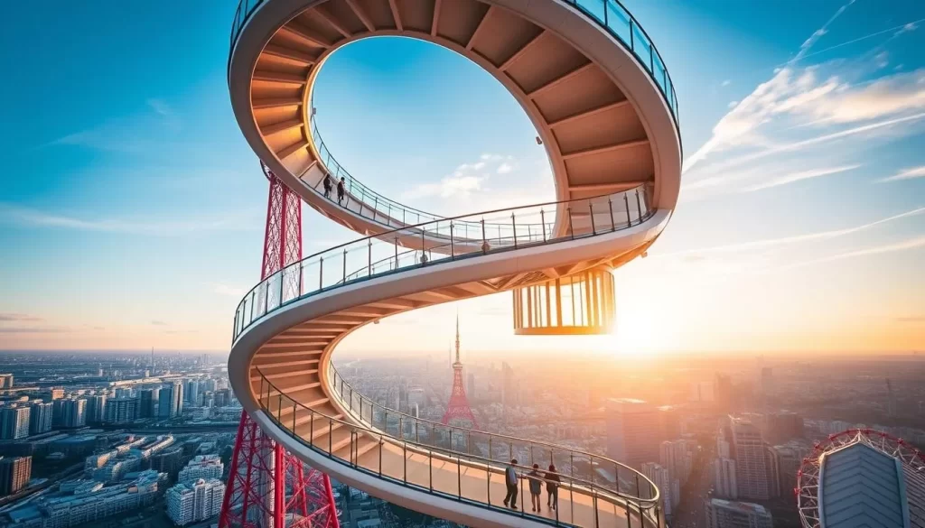 Generate an image of the Tembo Galleria at Tokyo Skytree, showcasing its spiral skywalk and panoramic views.