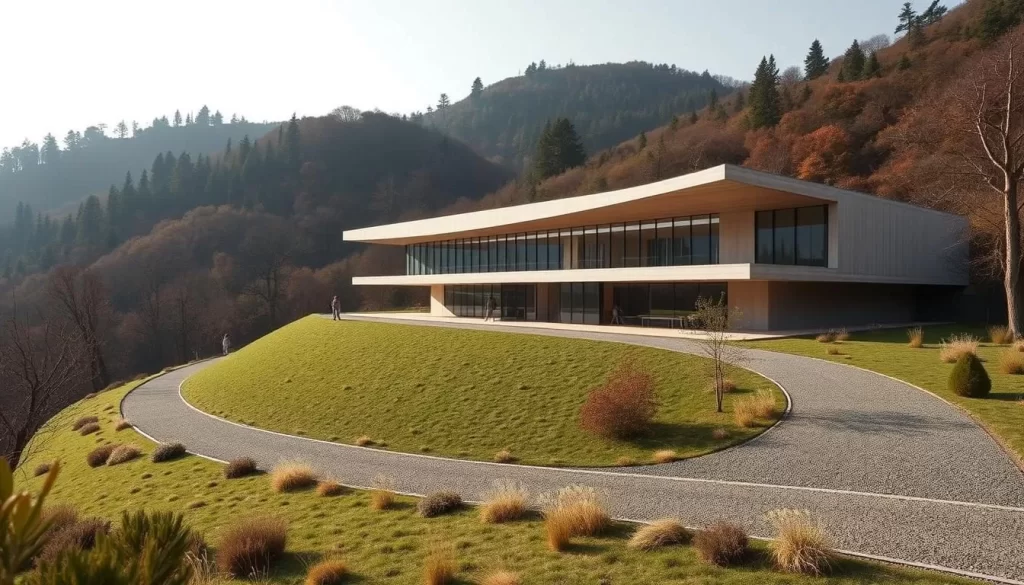 Generate an image of the Teshima Art Museum, highlighting its harmonious integration with the natural surroundings.