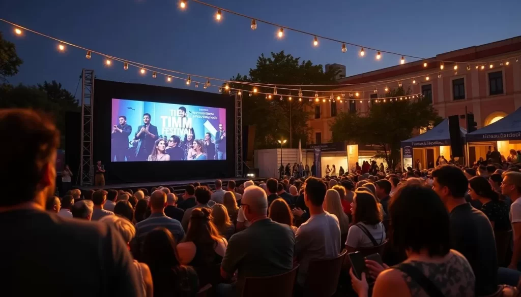 Generate an image of the Tirana International Film Festival venue, showcasing a diverse audience watching a film on a big screen.