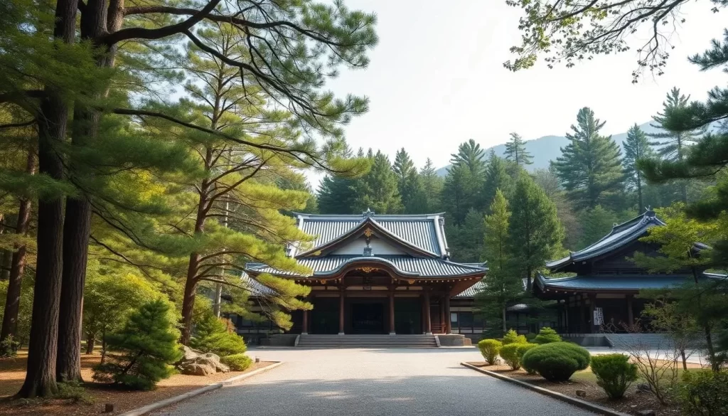 Generate an image of the Togakushi Shrine complex nestled within a serene forest.