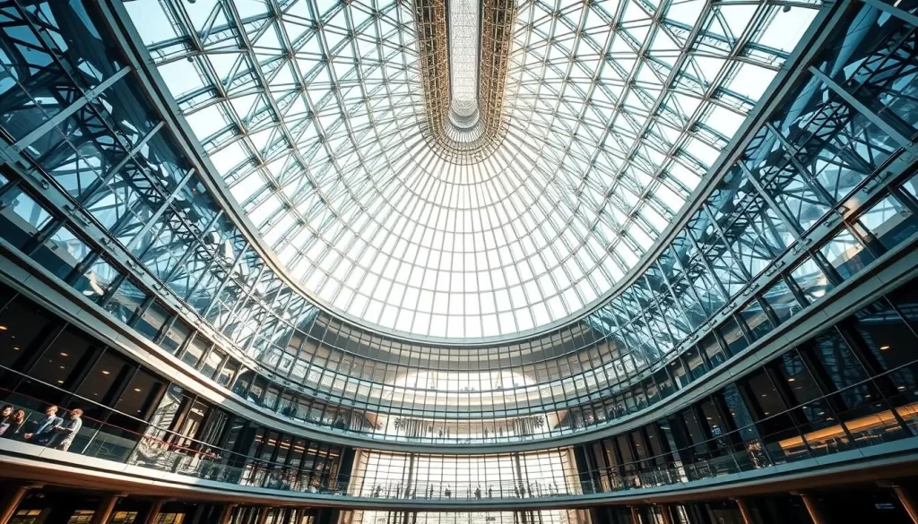 Generate an image of the Tokyo International Forum's dramatic glass atrium.