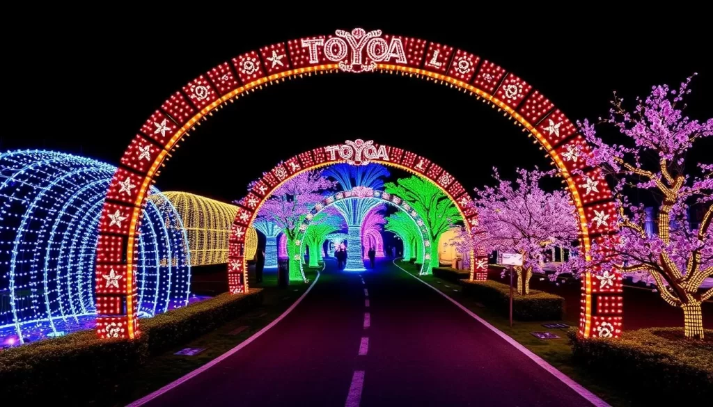 Generate an image of the Tokyo Mega Illumination at Oi Racecourse, featuring the Twinkle Tunnel, Aurora Forest, and Edo Cherry Blossom Tunnel illuminated with millions of LED lights.