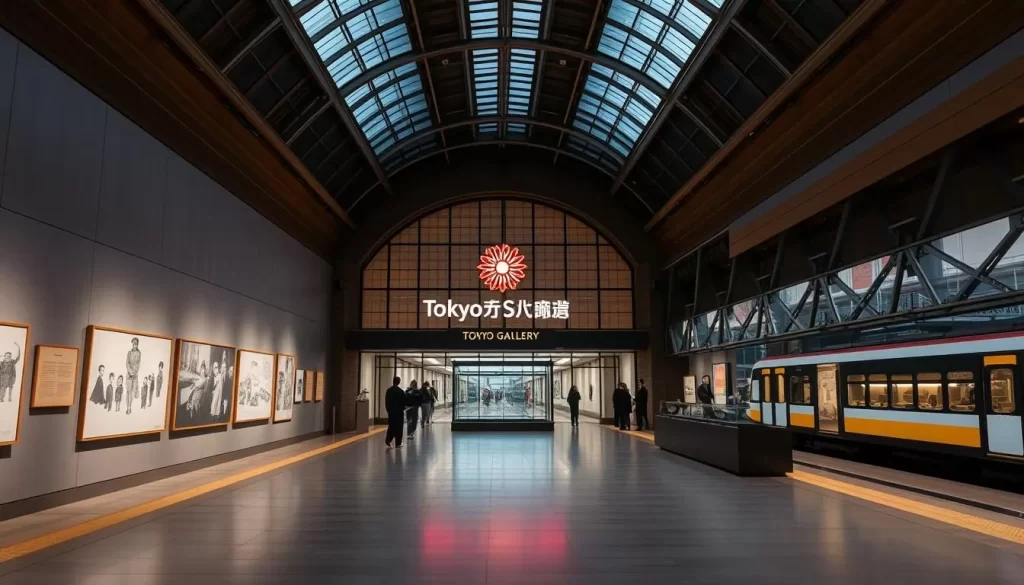 Generate an image of the Tokyo Station Gallery, featuring one of its exhibitions on modern art or railroad history.