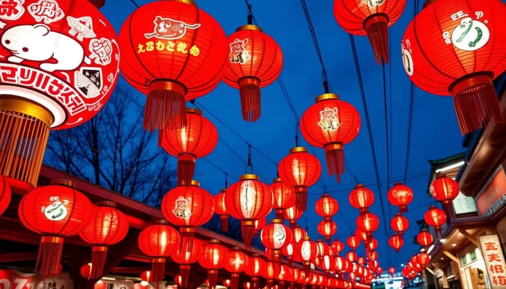 Generate an image of the Tonami Yotaka Festival's bright red lanterns.