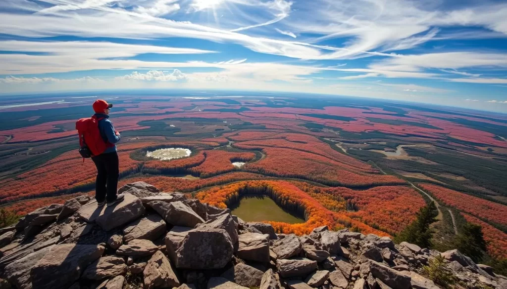 Generate an image of the Top of the World Hike in Whiteshell Provincial Park, highlighting the panoramic views from the top.