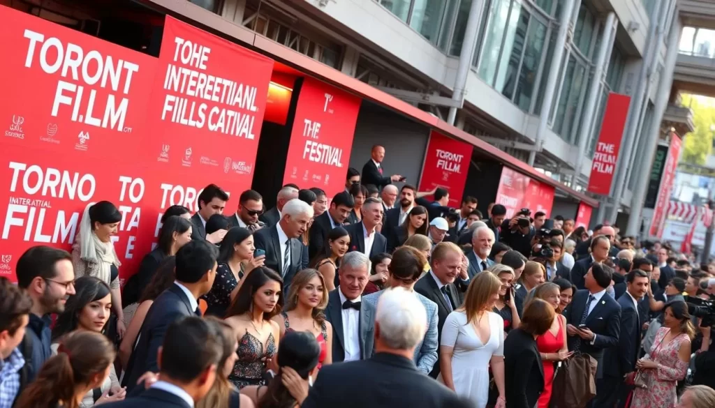 Generate an image of the Toronto International Film Festival red carpet with celebrities and film industry professionals.