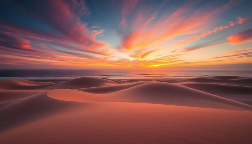 Generate an image of the Tottori Sand Dunes at sunset, with the Sea of Japan in the background.