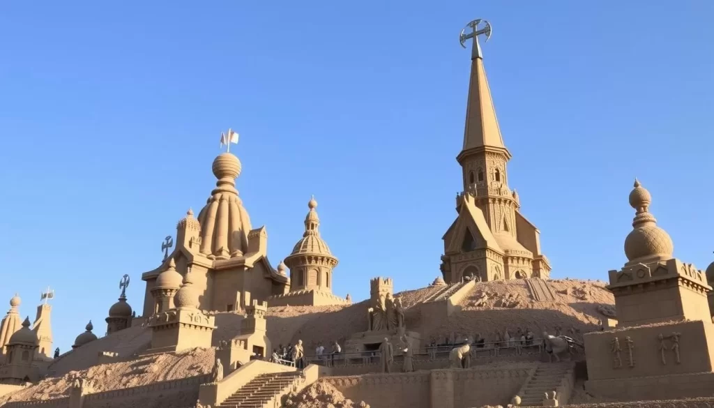 Generate an image of the Tottori Sand Museum's intricate sand sculptures.