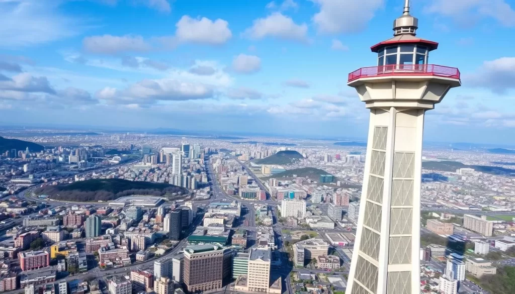 Generate an image of the Toyama City Hall Observation Tower with a beautiful view of the city.