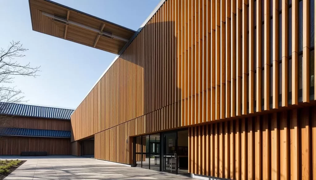 Generate an image of the Toyama Glass Art Museum's exterior, showcasing its unique cedar louver façade.