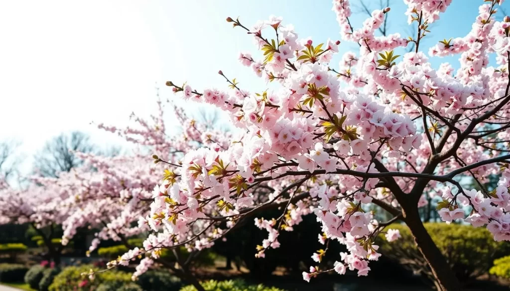 Generate an image of the Tsukuba Botanical Garden's serene landscape during spring, with blooming cherry blossoms.