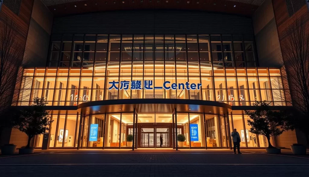Generate an image of the Tsukuba Expo Center's main entrance, showcasing its modern architecture and inviting atmosphere.