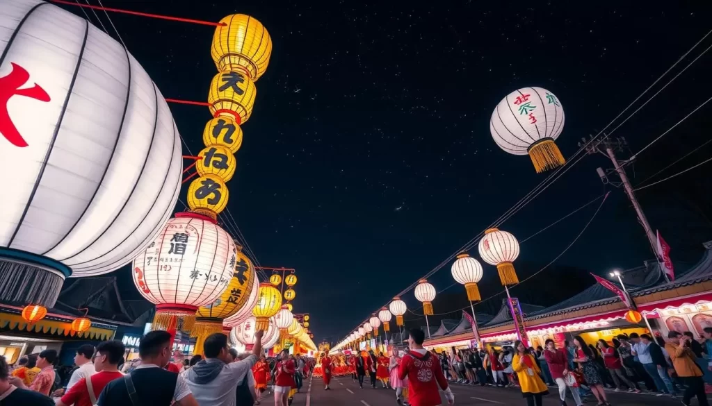 Generate an image of the Tsukuba Festival's vibrant night parade, with giant lanterns and performers.