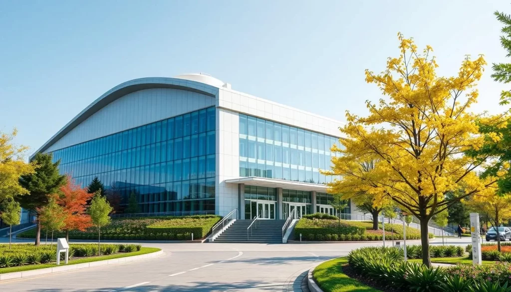Generate an image of the Tsukuba Space Center's exterior, showcasing its modern architecture and surrounding landscape.