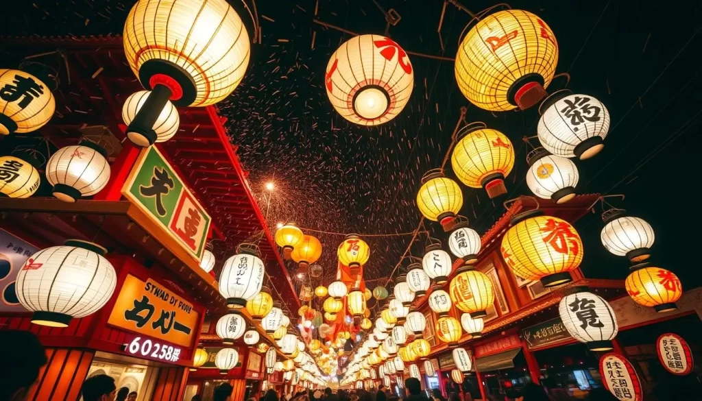 Generate an image of the Tsuzawa Yotaka Andon Festival's massive lantern structures clashing.