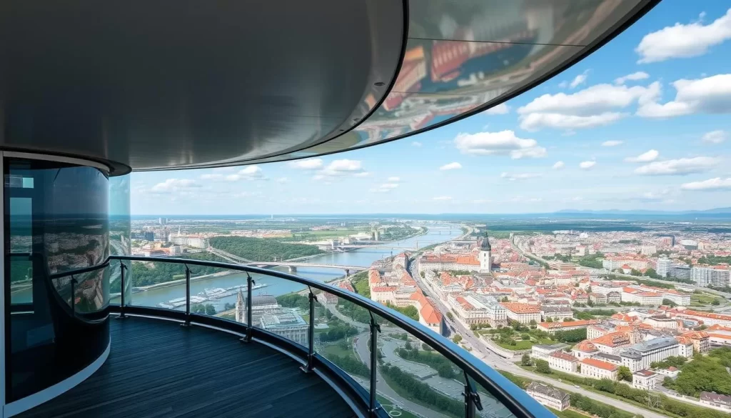 Generate an image of the UFO Observation Deck on the SNP Bridge in Bratislava, with a clear view of the city and the Danube River.