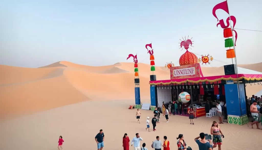 Generate an image of the UNUM Festival taking place in the sand dunes of Shëngjin.