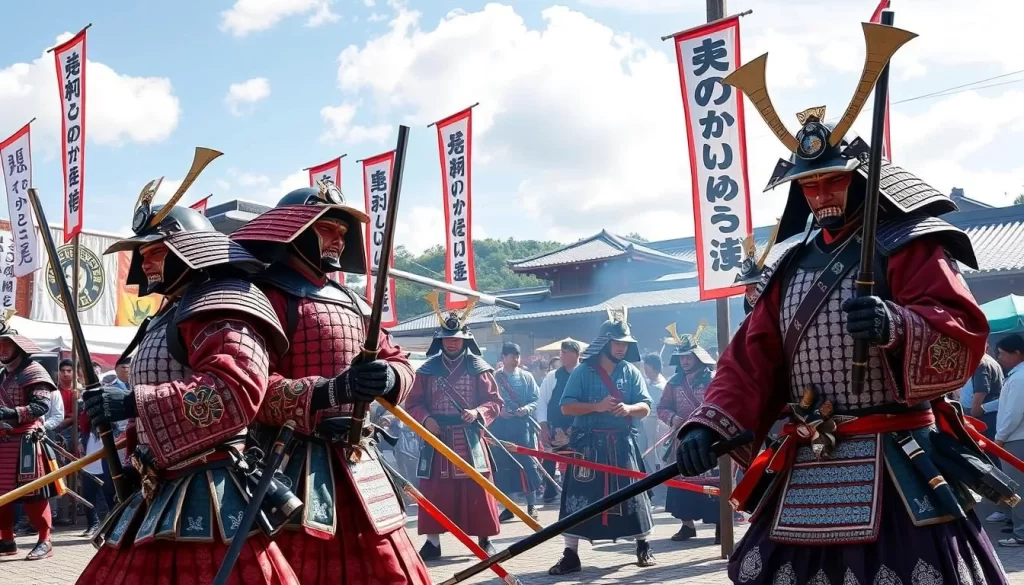 Generate an image of the Ueda Sanada Festival, with participants dressed in samurai costumes and traditional martial arts performances.