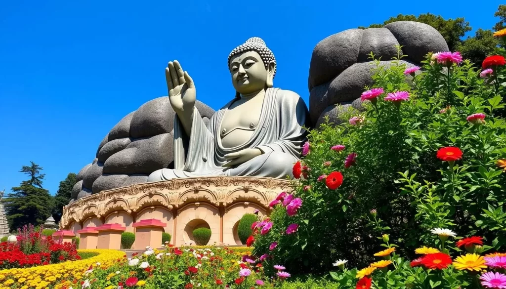 Generate an image of the Ushiku Daibutsu Buddha statue with its surrounding gardens and a clear blue sky.