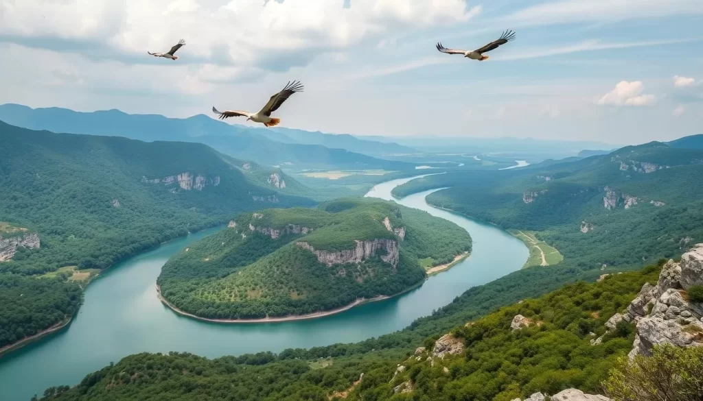 Generate an image of the Uvac River meanders and griffon vultures in flight.