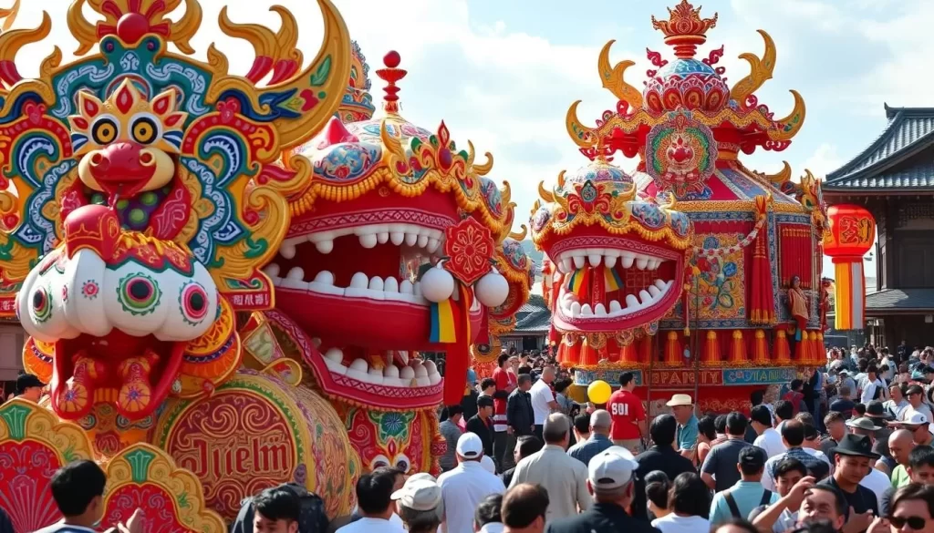 Generate an image of the Uwajima Ushi-oni Festival floats.