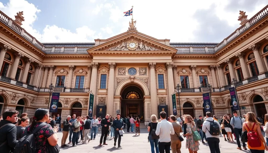 Generate an image of the V&A's grand entrance with visitors admiring the architecture.