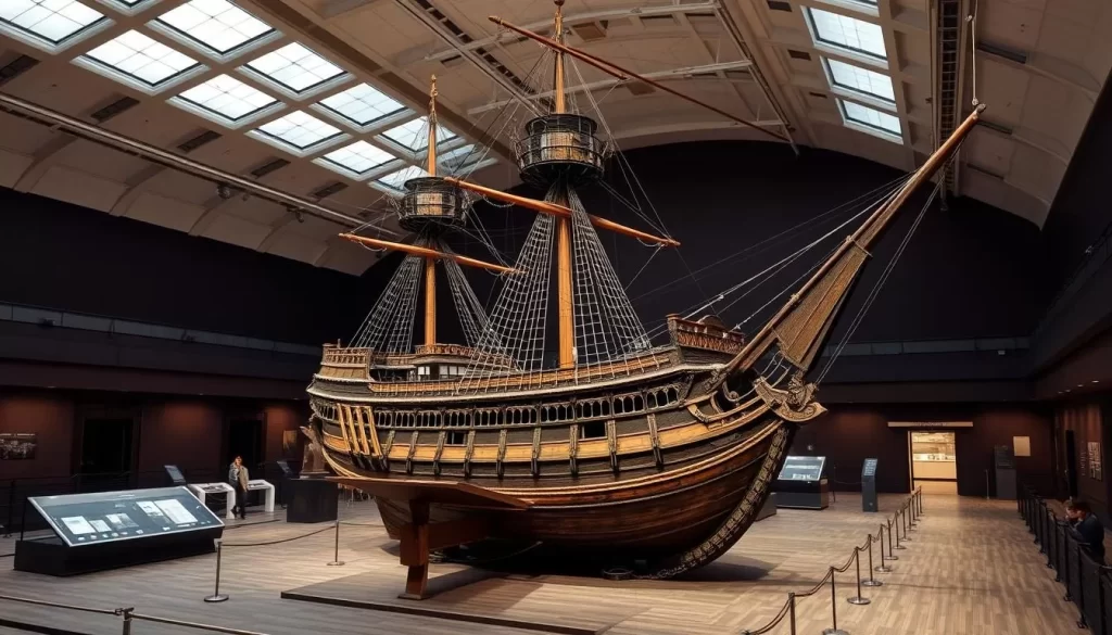 Generate an image of the Vasa Museum's impressive 17th-century warship, the Vasa, displayed in a spacious hall.