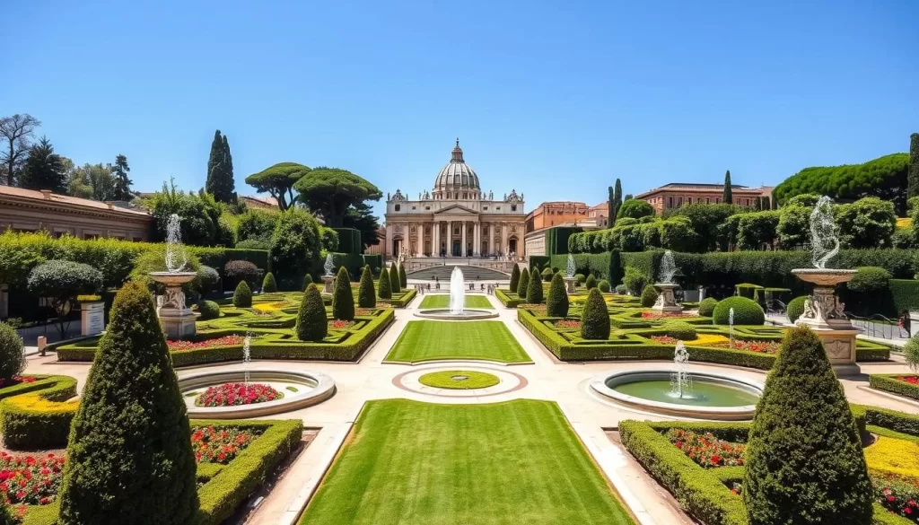 Generate an image of the Vatican Gardens with its lush greenery and historical fountains.