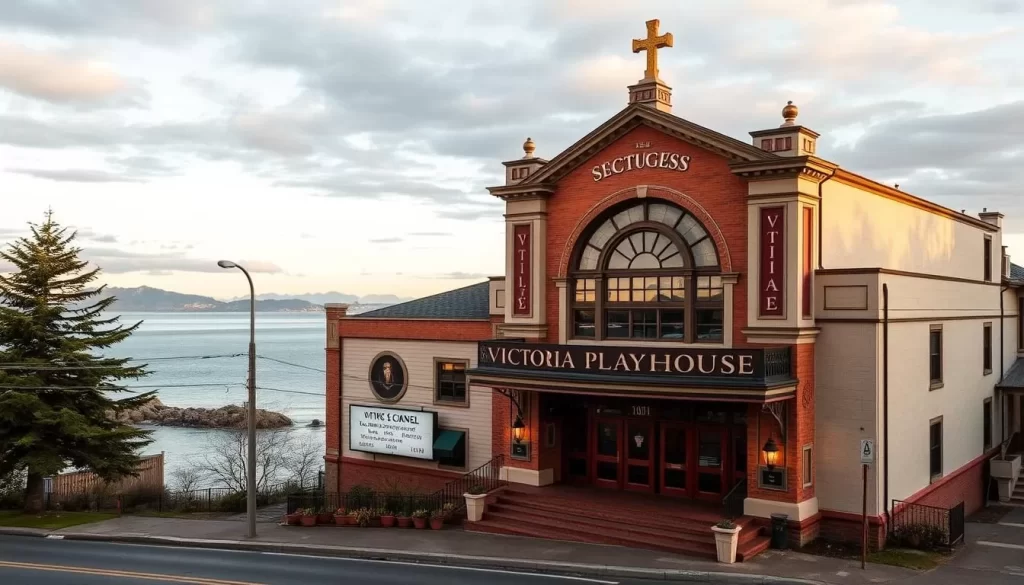 Generate an image of the Victoria Playhouse theatre building with a scenic coastal background.