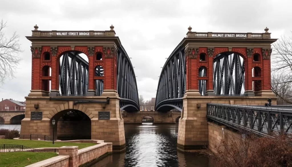 Generate an image of the Walnut Street Bridge in Harrisburg, Pennsylvania, showcasing its historic significance and architectural design.