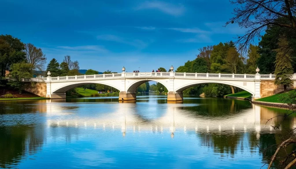 Generate an image of the White Bridge in Vranje, Serbia, with a serene background.