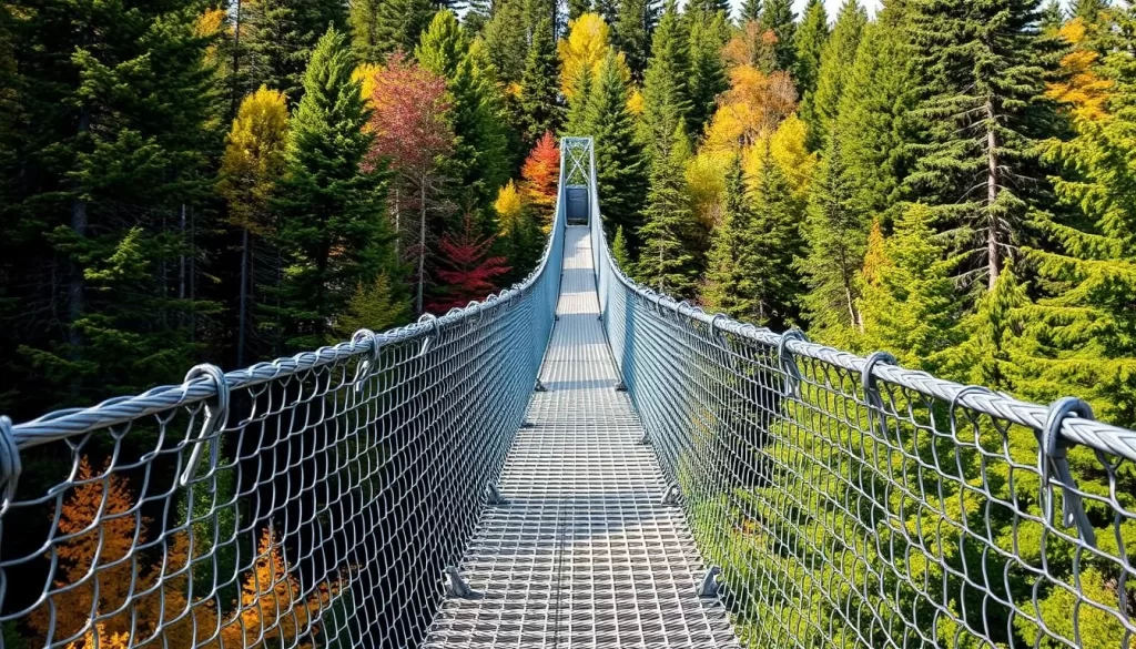 Generate an image of the Whiteshell River Suspension Bridge Trail in Manitoba, showcasing the suspension bridge and the surrounding forest.