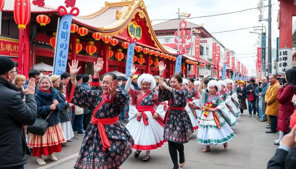 Generate an image of the YOSAKOI Soran Festival in Sapporo, showcasing vibrant dance performances and spectators.