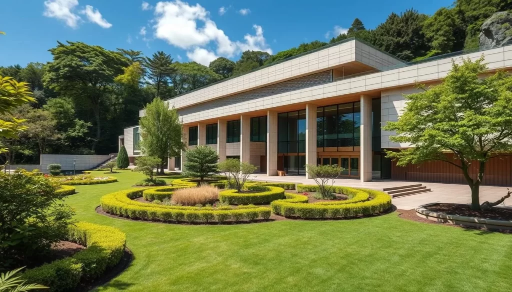 Generate an image of the Yamanashi Prefectural Museum of Art's modern architecture surrounded by beautiful gardens.