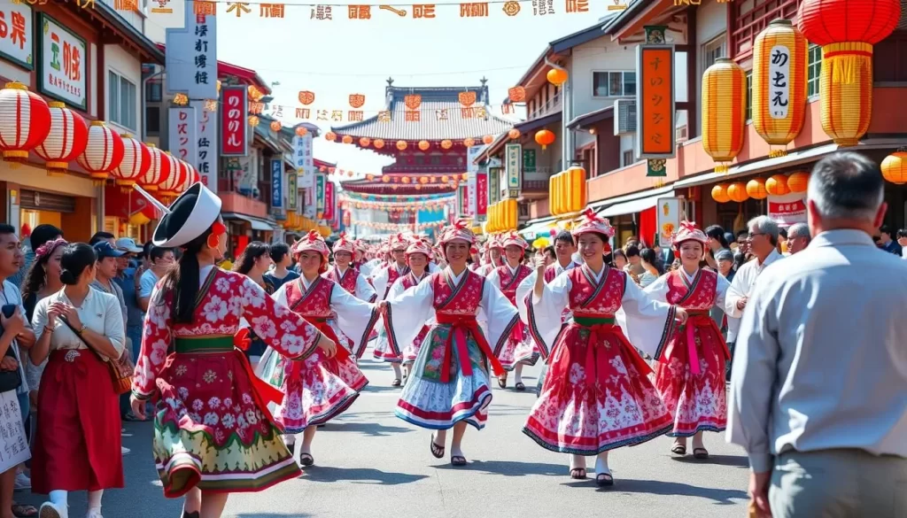 Generate an image of the Yamato Awa Odori Festival with dancers in traditional costumes dancing through the streets.