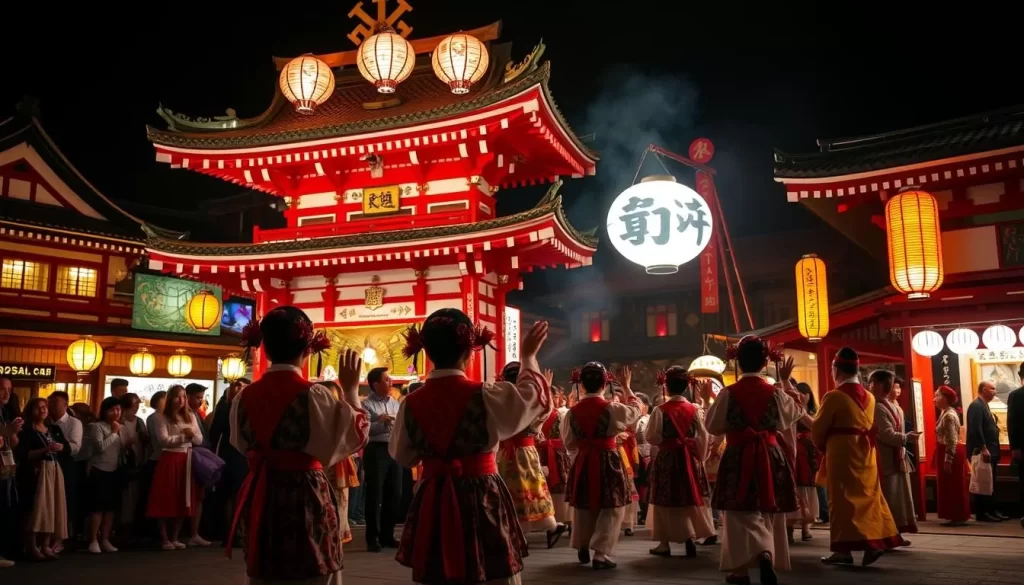 Generate an image of the Yasaka Shrine Gion Festival's Tsukumai performance at night.