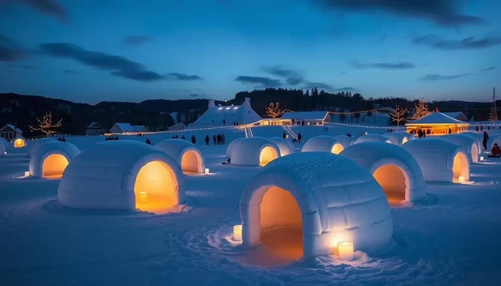 Generate an image of the Yokote Kamakura Snow Festival at dusk with candle-lit snow igloos