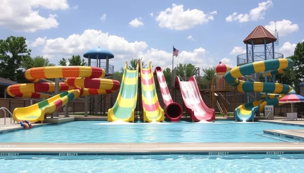 Generate an image of the York Family Aquatic Center's water slides and zero-entry pool area.