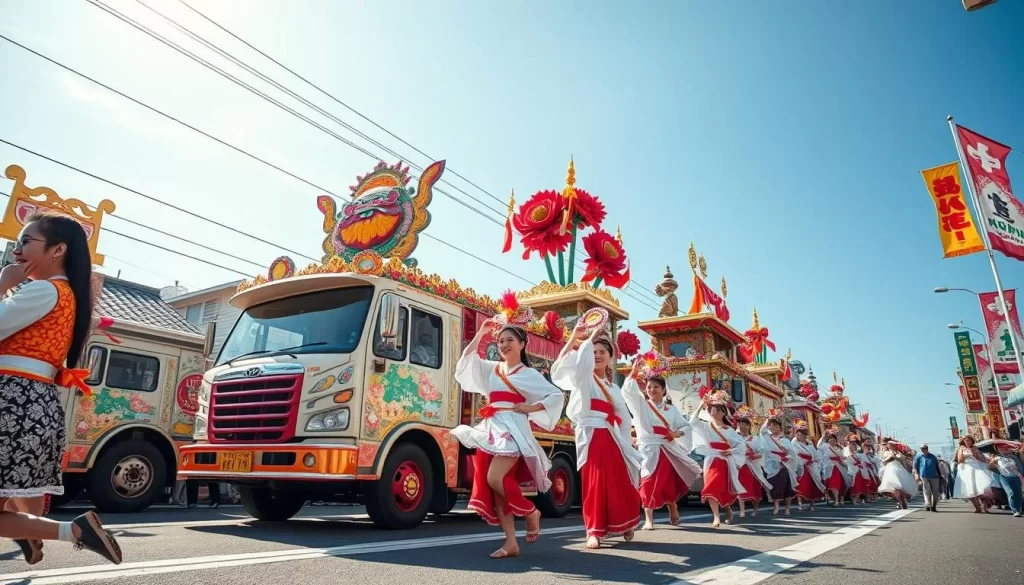 Generate an image of the Yosakoi Festival in Kochi City, showcasing vibrant dance performances and decorated music trucks.