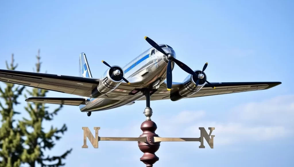 Generate an image of the Yukon Transportation Museum's iconic weather vane, featuring the retired DC-3 airplane.