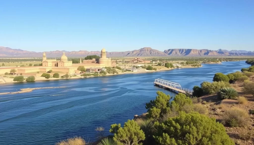 Generate an image of the Yuma Crossing National Heritage Area with the Colorado River in the foreground and historic landmarks in the background.