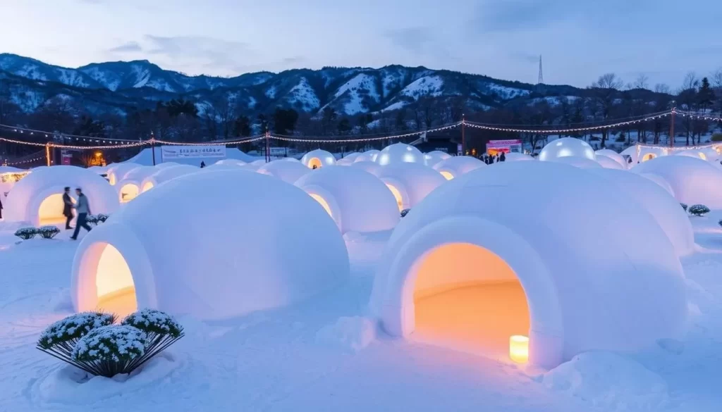 Generate an image of the Yunishigawa Kamakura Festival, showcasing igloo-like structures illuminated by candles.