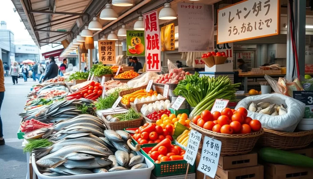 Generate an image of the bustling Miyazaki Morning Market with fresh seafood and local produce on display.