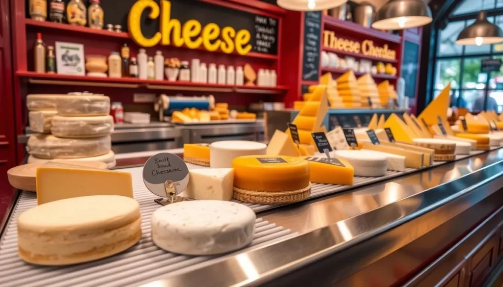 Generate an image of the cheese conveyor belt at The Cheese Bar in Covent Garden.