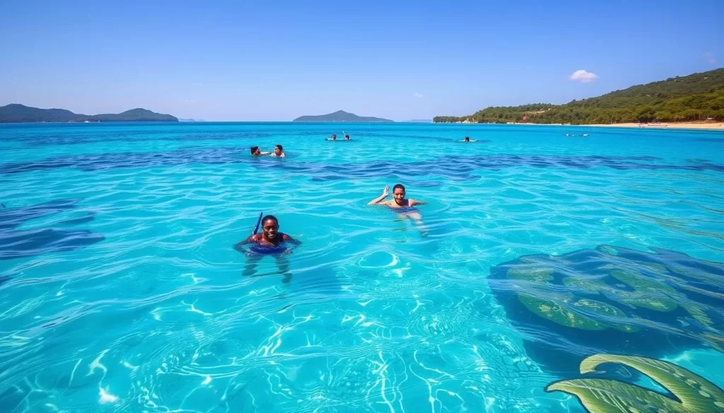 Generate an image of the crystal-clear waters of Lake Malawi with people snorkeling or swimming.